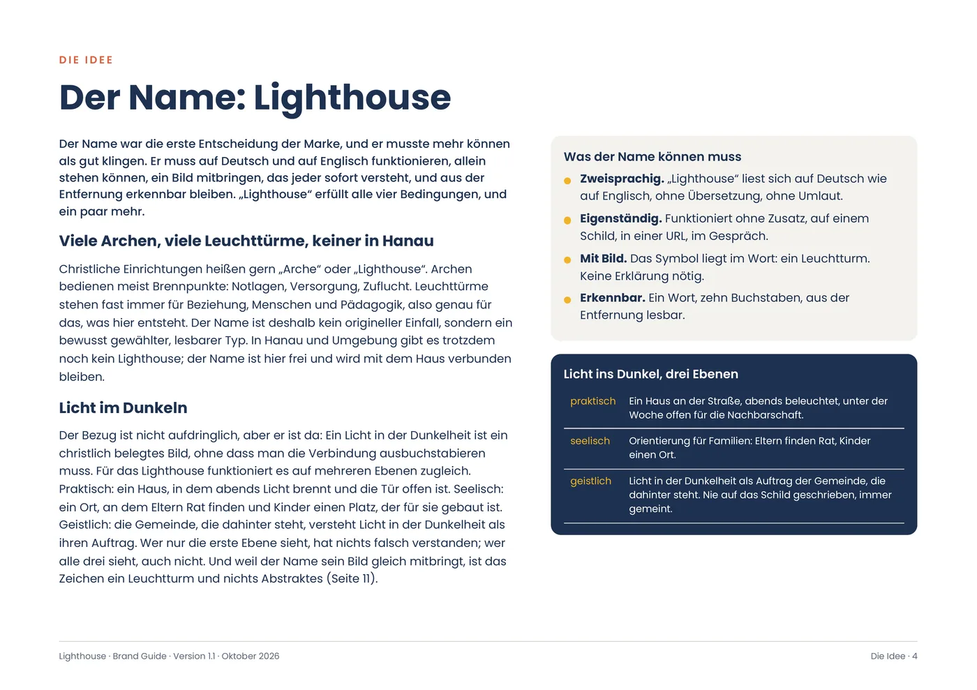 Seite aus dem Brand Guide: Der Name: Lighthouse