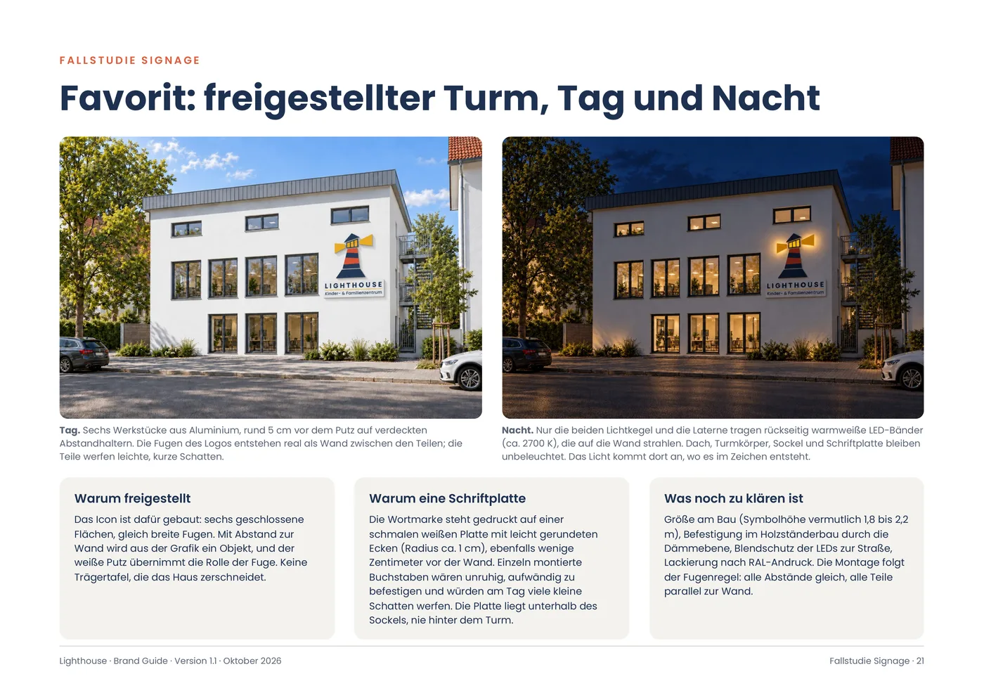 Seite aus dem Brand Guide: Der freigestellte Turm an der Fassade, Tag und Nacht